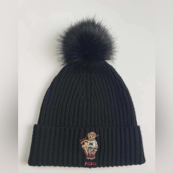 Polo Ralph Lauren Polo Bear Sled Bear Black Pom Pom Knit Beanie Limited - Picture 2 of 5